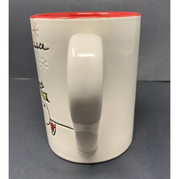 TAG ICE SKATING SNOWMAN PEACE MUG 16 oz Embossed Holiday Christmas Red Interior - Picture 5 of 9